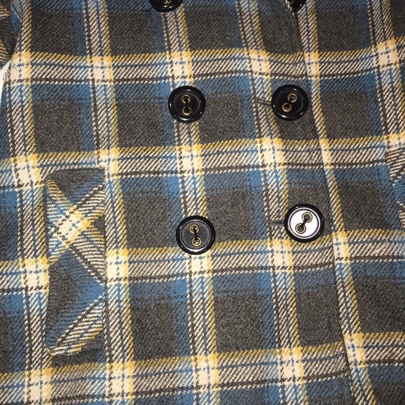 90’s Plaid Pea Coat Charcoal Cream Blue - Picture 2 of 4